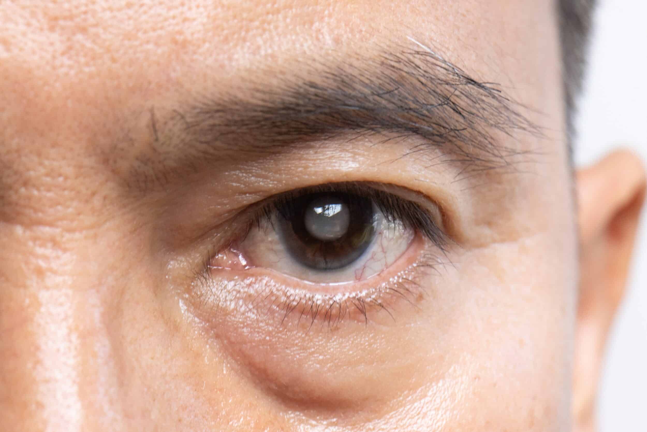 Man with dark eyes looks straight ahead, showing signs of cataracts in his eye lens